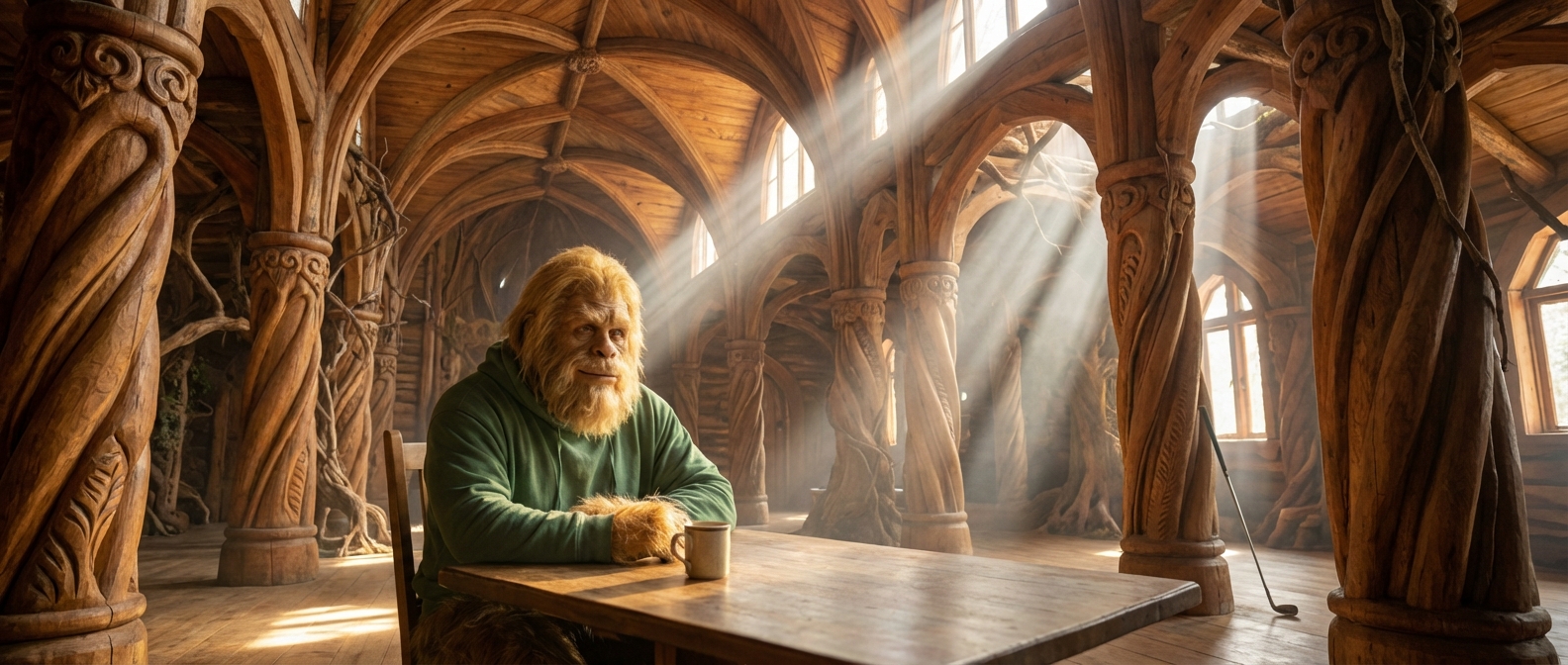 The Beast sitting calmly in a breathtaking woodland palace that grew from his cabin — same hoodie, same mug