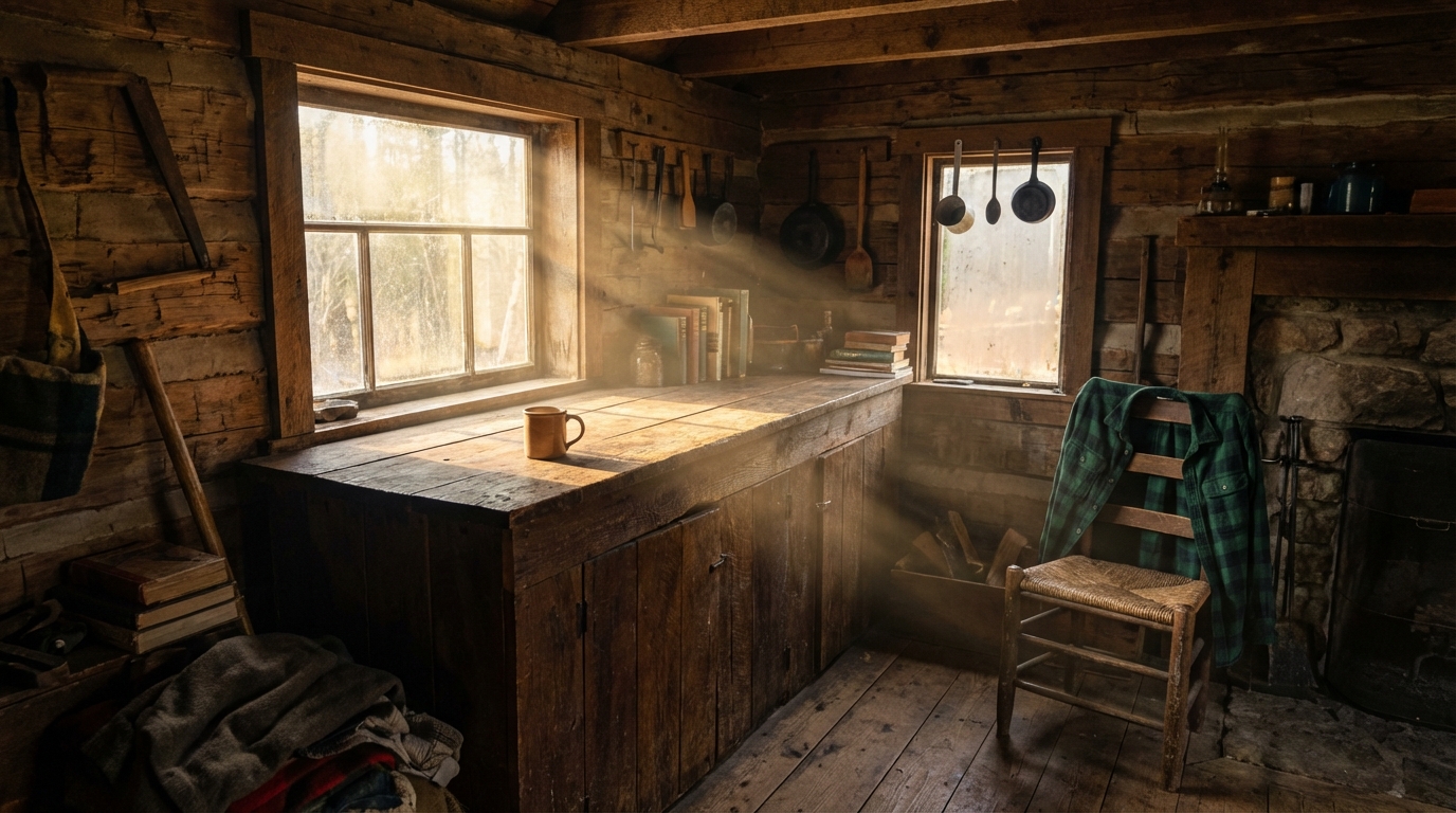 Cabin interior with one clean counter section and a neatly folded shirt