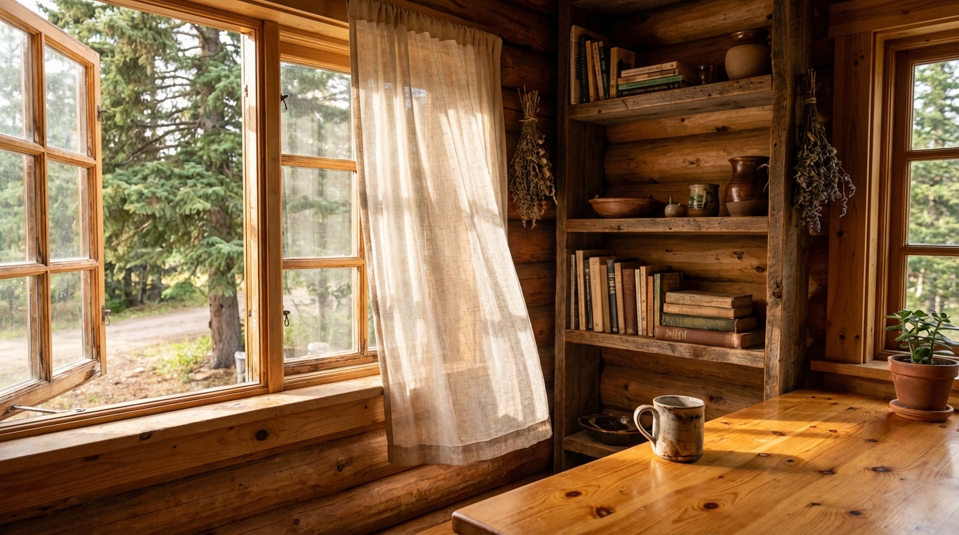 Cabin interior lovingly improved over months — organized shelves, clean surfaces, warm golden light