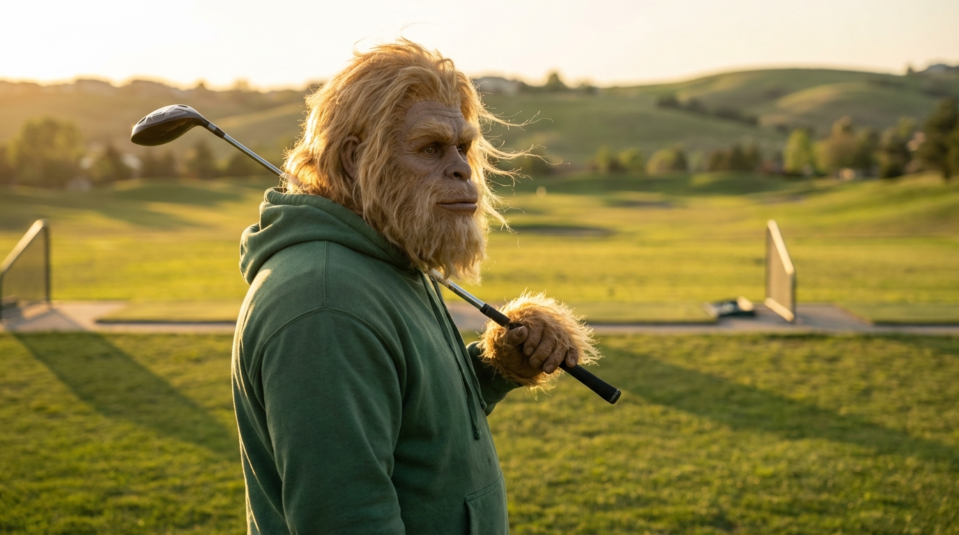 The Beast at a driving range at golden hour, golf club over shoulder, quietly satisfied