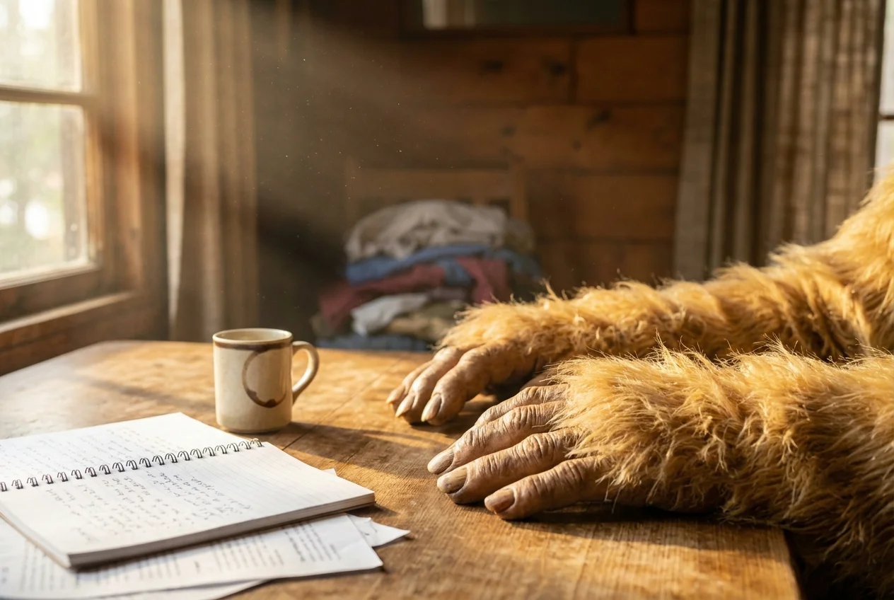 Close-up of a cozy cabin interior with massive Sasquatch hands resting on a wooden table, notebook and mug nearby