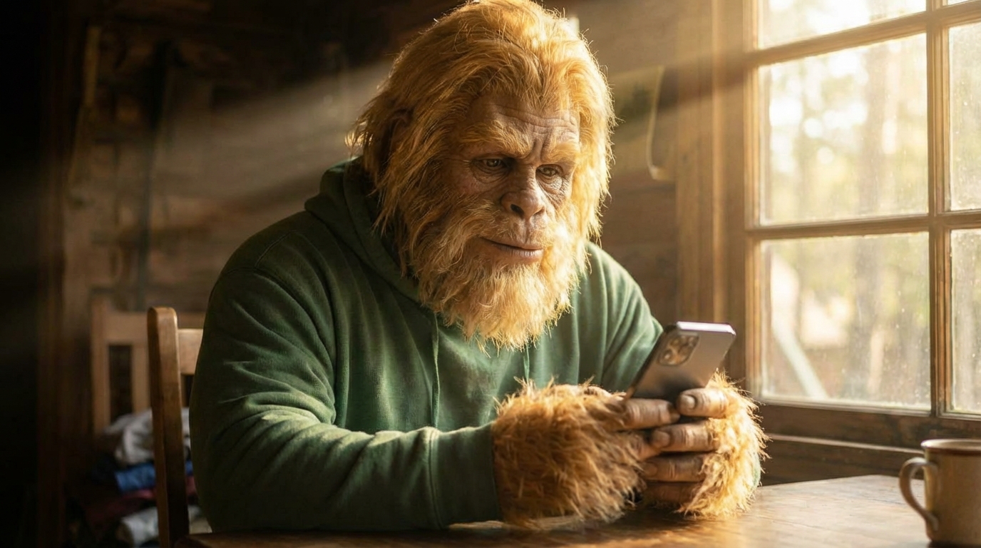 The Beast looking down at a smartphone with a calm, content expression