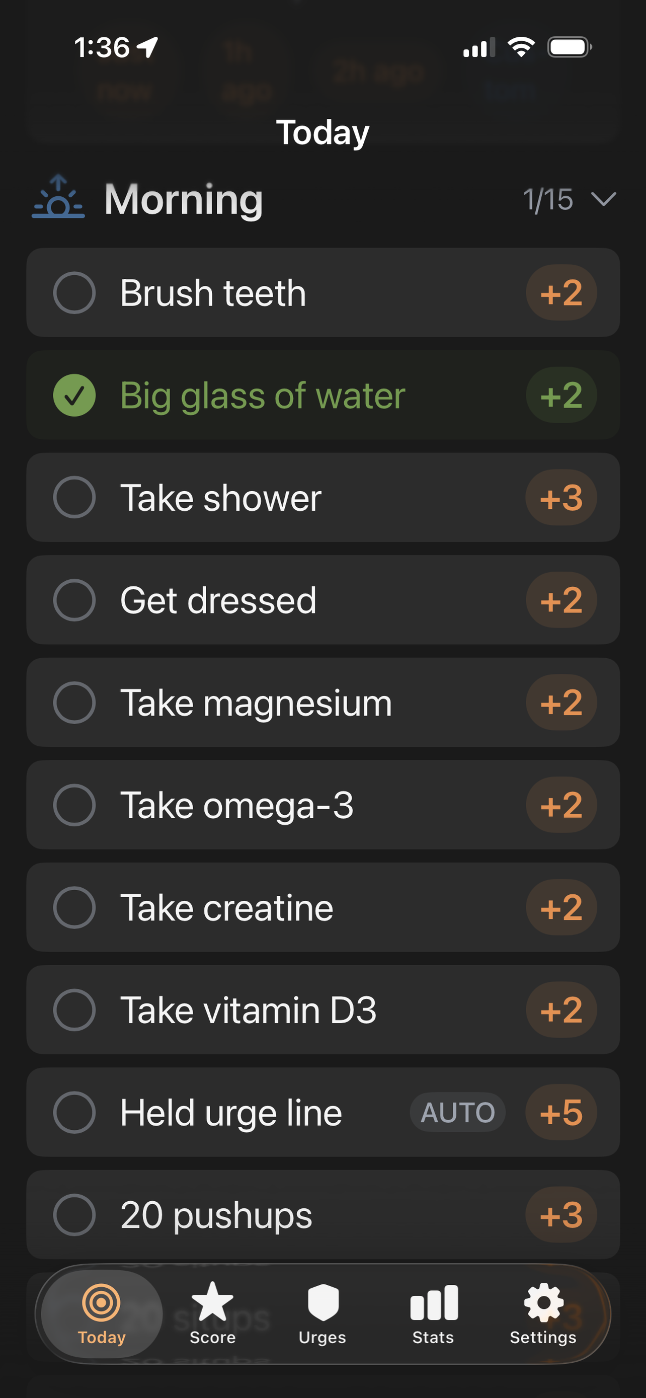 LifeScore ADD Today screen — morning habits with point values for brushing teeth, drinking water, and exercise