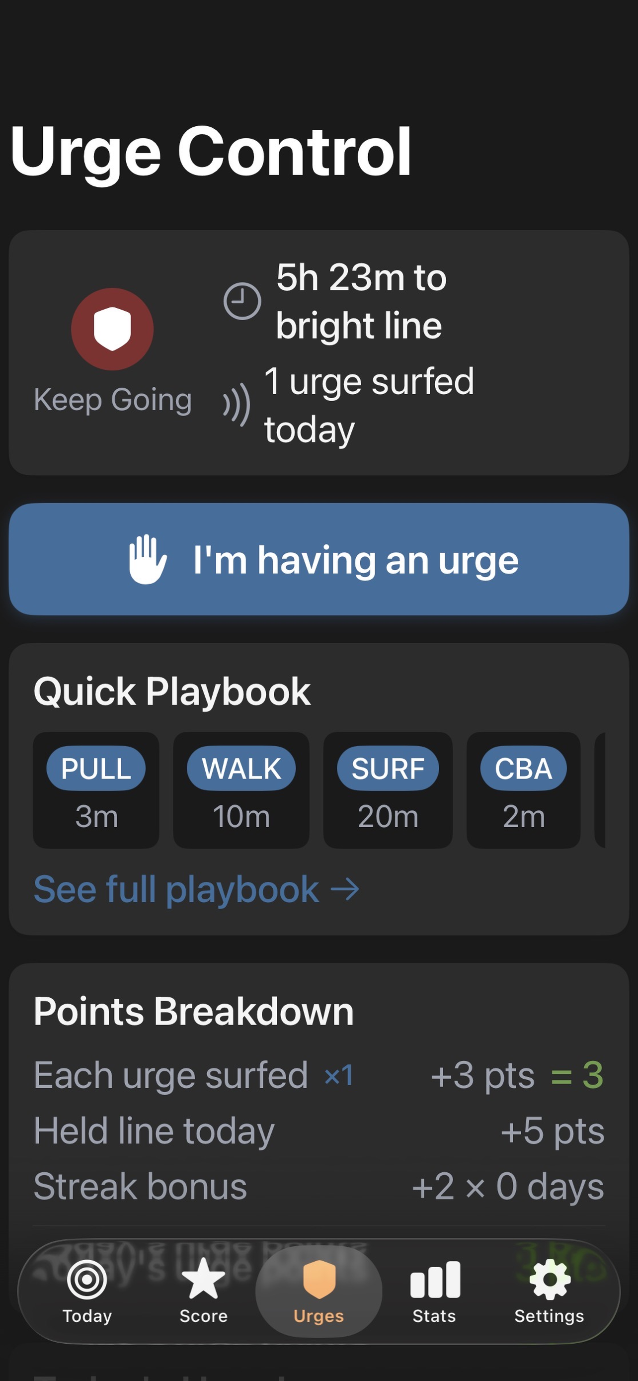 LifeScore Urge Control screen with Quick Playbook strategies and points earned for surfing urges